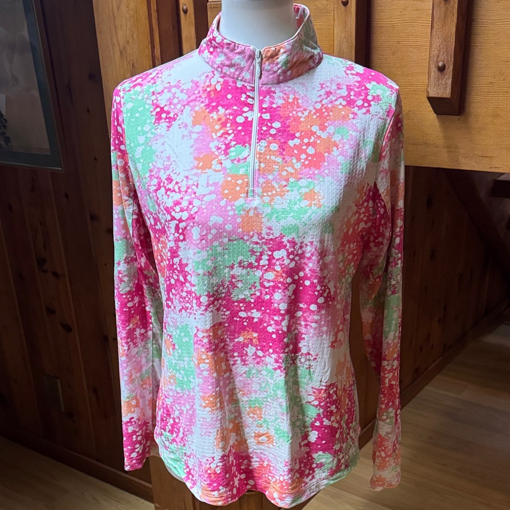 IBKUL Size Medium M golf  Pink white Green Long Sleeve polo Top shirt - Picture 3 of 12